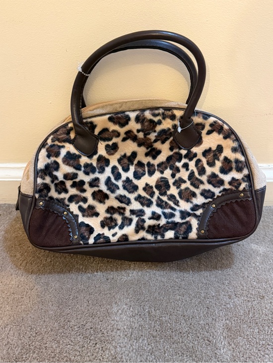 Handbags - Leopard Print Faux Fur Small Satchel Handbag - Brown & Cream